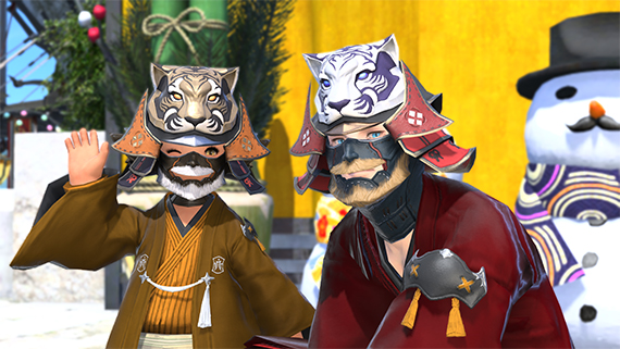 Two characters posing side by side while wearing the kabuto reward items