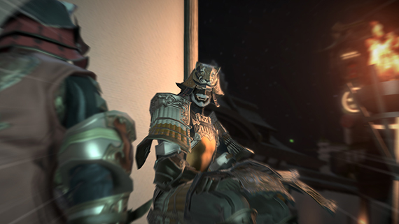 A stylized screenshot of an imposing figure wearing the kabuto