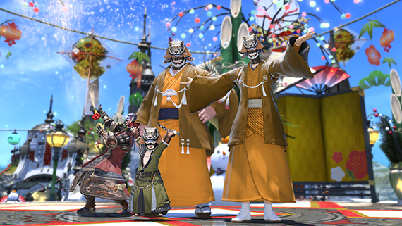 Four characters wearing Far Eastern style clothes, including the new kabuto rewards, posing in Limsa Lominsa