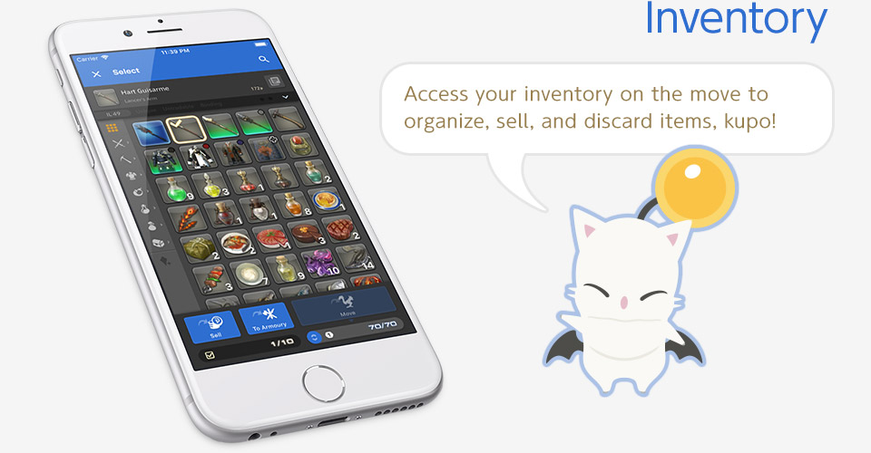 Inventory Access your inventory on the move to organize, sell, and discard items, kupo!